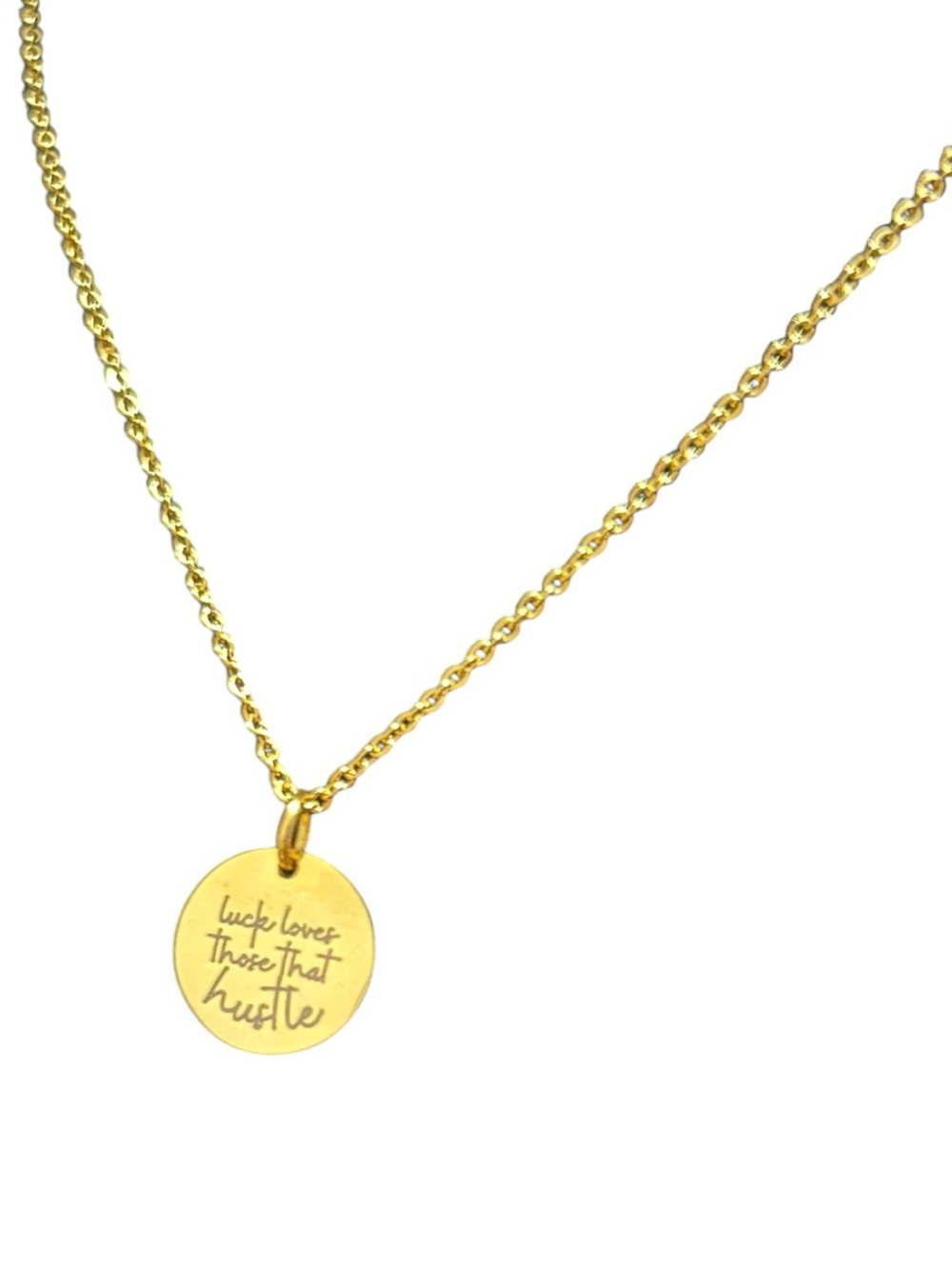 Plunder Gold Tone Disc Pendant Necklace with Inspirational Engraving